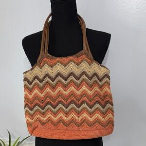 Nine West Earth tone Crocheted Zig Zag Boho Summer Shoulder Purse